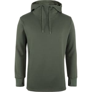 A green podium sports hoodie featuring a hood, long sleeves, and a minimalist design. It has an emblem present.