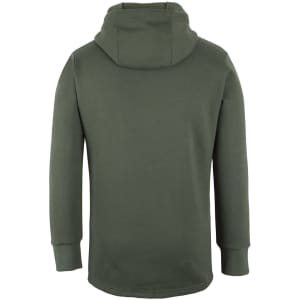 A green sports hoodie featuring a back view with a large hood and long sleeves, including a logo on the back.