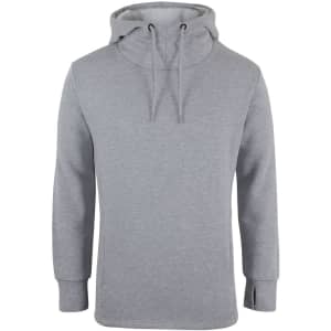 A grey sports hoodie featuring a hood and drawstrings, with long sleeves and side slits. It has a logo.