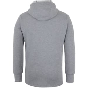 A grey hoodie featuring a hood and long sleeves, presented from the back. It has a branding logo.