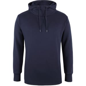 A navy hoodie with a drawstring hood and long sleeves, featuring a logo on the chest.