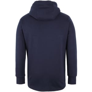 A navy hoodie with a hood and long sleeves, featuring a simple design and a logo.