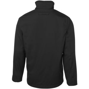 A black jacket featuring a high collar and long sleeves, with a plain back and a logo on the design.