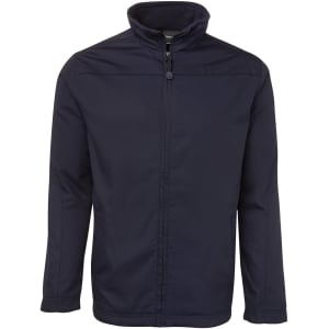 A black jacket with a zip front, stand-up collar, and long sleeves. Features a logo on the chest.