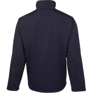 A black jacket with a high collar and long sleeves, featuring a plain design and a logo.