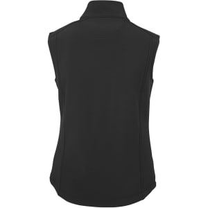 A black softshell vest featuring a high collar and a sleek, fitted design, with a logo on the back.