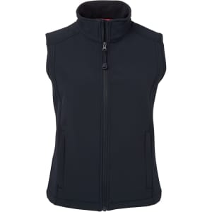 A black softshell vest with a high collar, front zipper, and side pockets, featuring a logo.