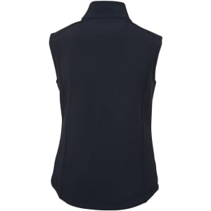 A dark navy softshell vest featuring a high collar and sleeveless design, with a logo on the back.