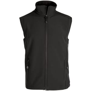 A black softshell vest with a stand-up collar and zippered pockets. It features a logo on the front.