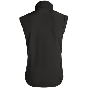 A black softshell vest with a high collar and no sleeves, featuring a stylish design and a logo.