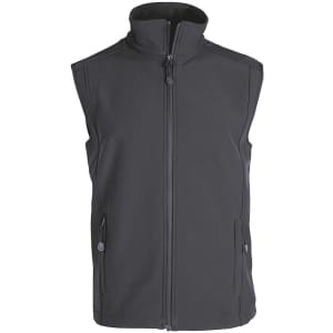 A black softshell vest with a high collar and zip closure, featuring two front pockets and a logo.