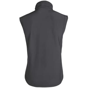 A dark grey softshell vest with a high collar, featuring a logo on the back.
