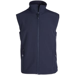 A navy softshell vest with a high collar and two zippered side pockets, featuring a branded logo.