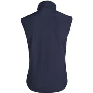 A navy softshell vest features a high collar and sleeveless design, with a logo on the back.