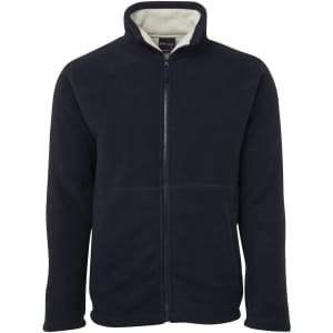 A navy fleece jacket with a high collar and zip closure, featuring a soft interior and a branding logo.