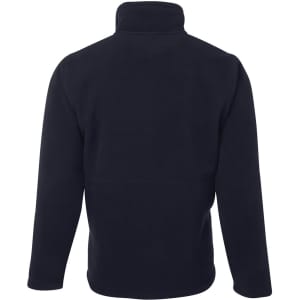 A black fleece jacket with a high collar and long sleeves, featuring a logo on the back.