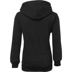 A black fleece hoodie featuring a hood and long sleeves, with a plain back design and ribbed hem.