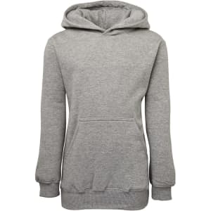 A grey fleecy hoodie featuring a front pocket and a hood, with ribbed cuffs and hem. It includes a logo.
