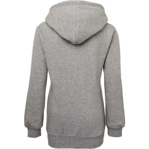 A grey fleecy hoodie featuring a hood and ribbed cuffs. The back view showcases a casual design.