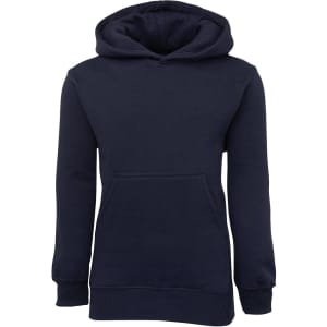 A navy fleecy hoodie with a front pocket and a hood, featuring a branded logo.