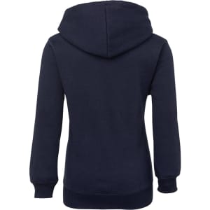 A navy blue fleece hoodie with a hood and long sleeves, featuring a simple design and a discreet logo.