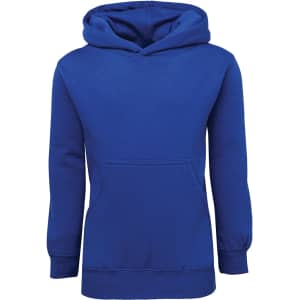 A vibrant blue fleecy hoodie featuring a front pocket and a hood, perfect for kids. It has a logo present.