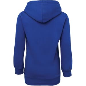 A blue fleecy hoodie featuring a large hood and long sleeves, displaying a logo on the back.