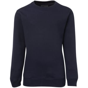 A navy fleece jumper with a round neckline and long sleeves. It has a branding logo.