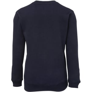 A navy fleecy sweatshirt featuring long sleeves and a plain back view. Includes a logo detail on the garment.