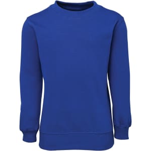 A blue fleecy sweatshirt with long sleeves and a round neckline, featuring a logo.