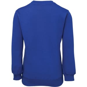 A blue fleecy jumper with long sleeves and a round neckline, featuring a logo on the back.