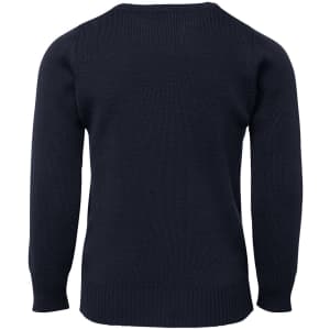 A navy knitted jumper featuring a simple design, with long sleeves and a ribbed hem. It has a logo on the back.