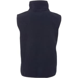 A navy polar vest for kids, featuring a high collar and a sleeveless design. The back view highlights its soft texture.