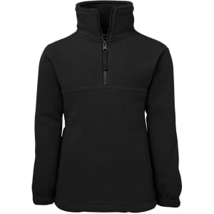 A black polar fleece jacket with a half-zip and a high collar, featuring a logo on the front.