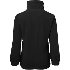 A black polar fleece jacket with a half zip and high collar, featuring elastic cuffs and a simple design.