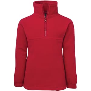 A red polar fleece jacket with a half zip and high collar, featuring one logo on the front.