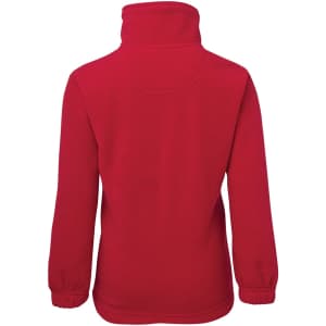 A red kids' half-zip polar fleece jacket with a high collar and elasticised cuffs. Features a logo on the back.