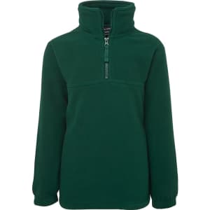 A green polar fleece jacket with a half-zip collar and long sleeves. It features a logo on the front.