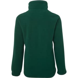 A green half-zip polar fleece jacket with a high collar and long sleeves, featuring a logo.