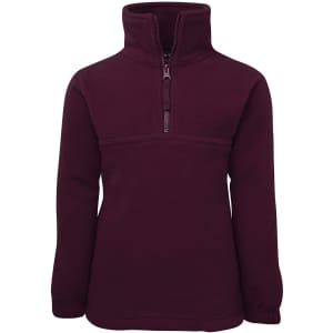 A maroon 1/2 zip polar fleece jacket featuring a high collar and a zippered front. It has a logo on it.