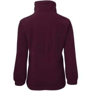 A maroon polar fleece jacket with a high collar and elasticated cuffs, featuring a branded logo.