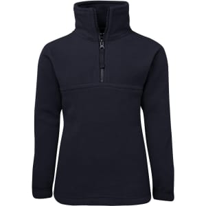 A navy 1/2 zip polar fleece jacket with a high collar and a zippered front. It features a solid design and has a logo.