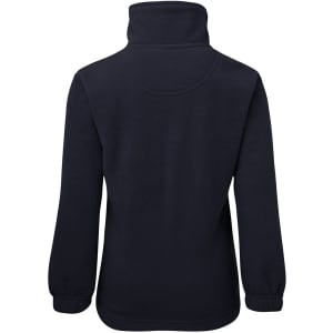 A black 1/2 zip polar fleece jacket for kids, featuring long sleeves and a high collar. Brand logo is present.