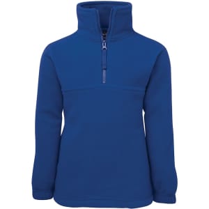 A blue polar fleece jacket featuring a half-zip collar and long sleeves. It has a branding logo.