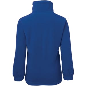 A blue polar fleece jacket featuring a half zip and a high collar, with elasticated cuffs and a logo.