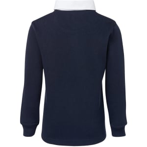A navy and white polo shirt for kids featuring a classic collar and long sleeves, with a logo on the front.