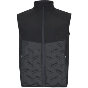 A black hybrid vest featuring a padded lower section and zippered pockets, with a collar and branding present.