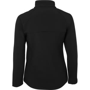 A black soft shell jacket with a high collar and a sleek design, featuring a logo on the back.