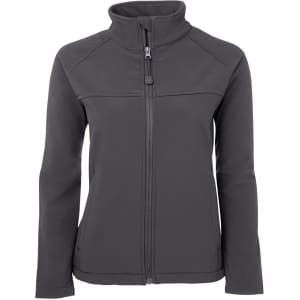 A softshell jacket in dark grey with a high collar and zip front, featuring a logo on the chest.