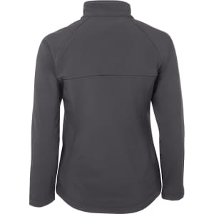 A grey softshell jacket with a high collar and a seamless back design. Features a logo on the back.